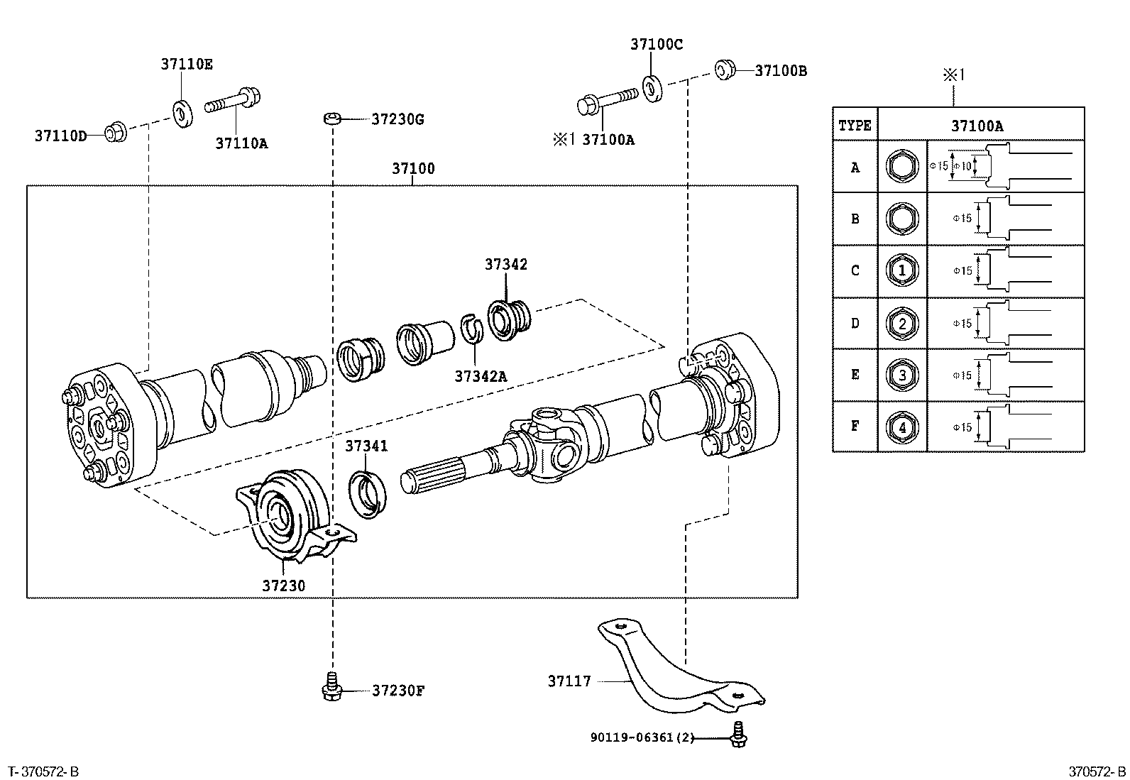 Toyota 37100-50090 SHAFT ASSY, PROPELLER W/CENTER BEARING