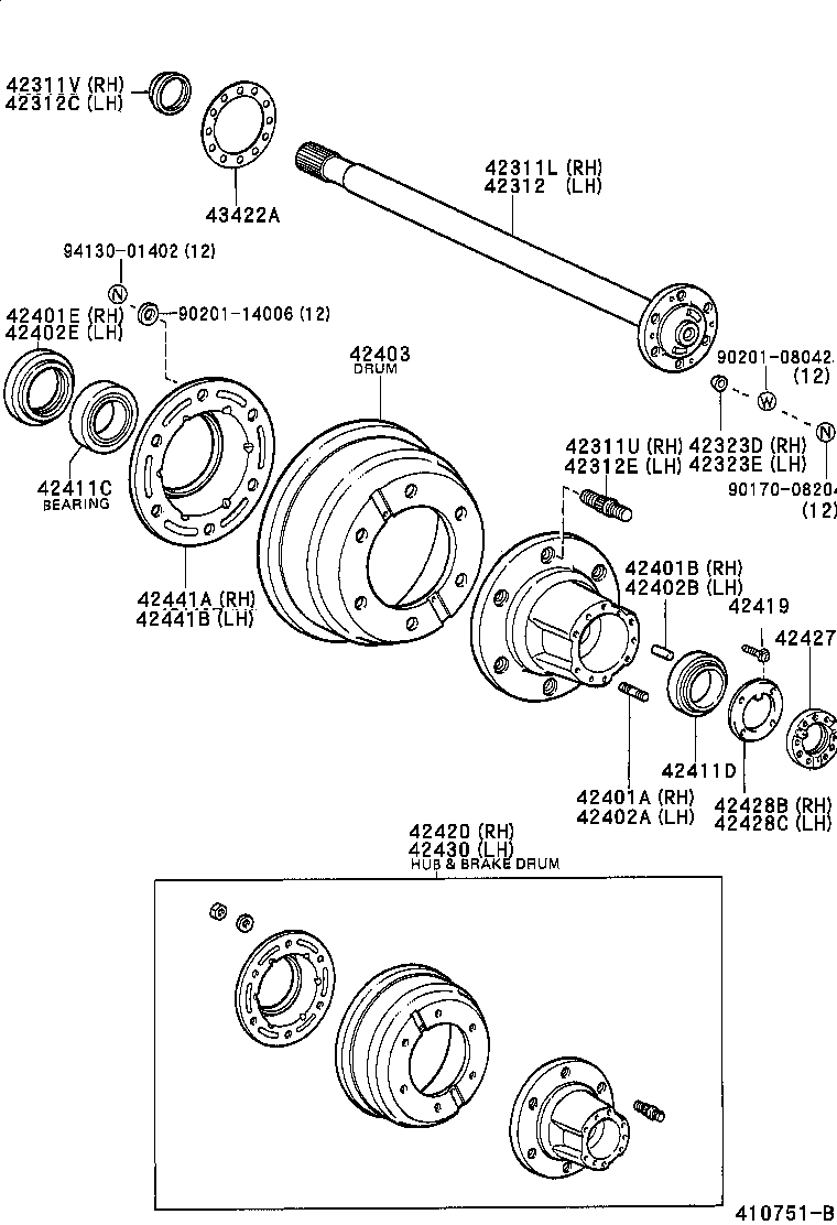 42430-26100 HUB (OR SHAFT) & BRAKE DRUM REAR AXLE, LH product image
