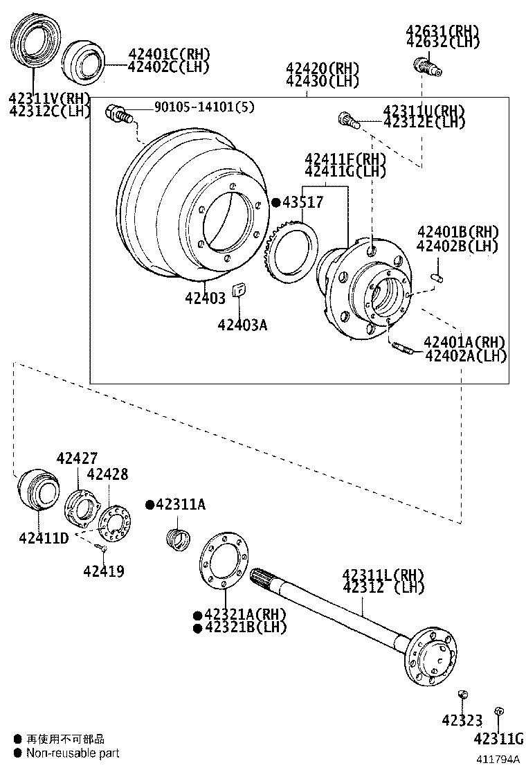 42420-09040 HUB (OR SHAFT) & BRAKE DRUM REAR AXLE, RH product image