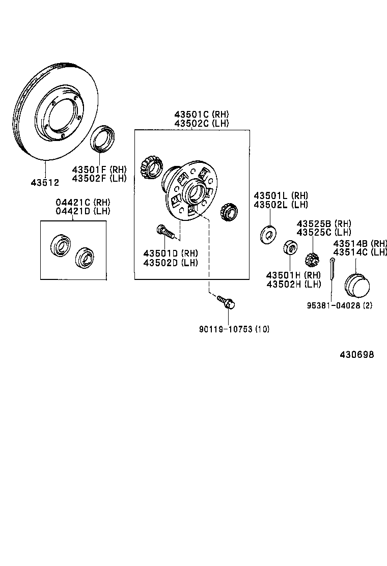 43502-04050 HUB SUB-ASSY, FRONT AXLE, RH product image
