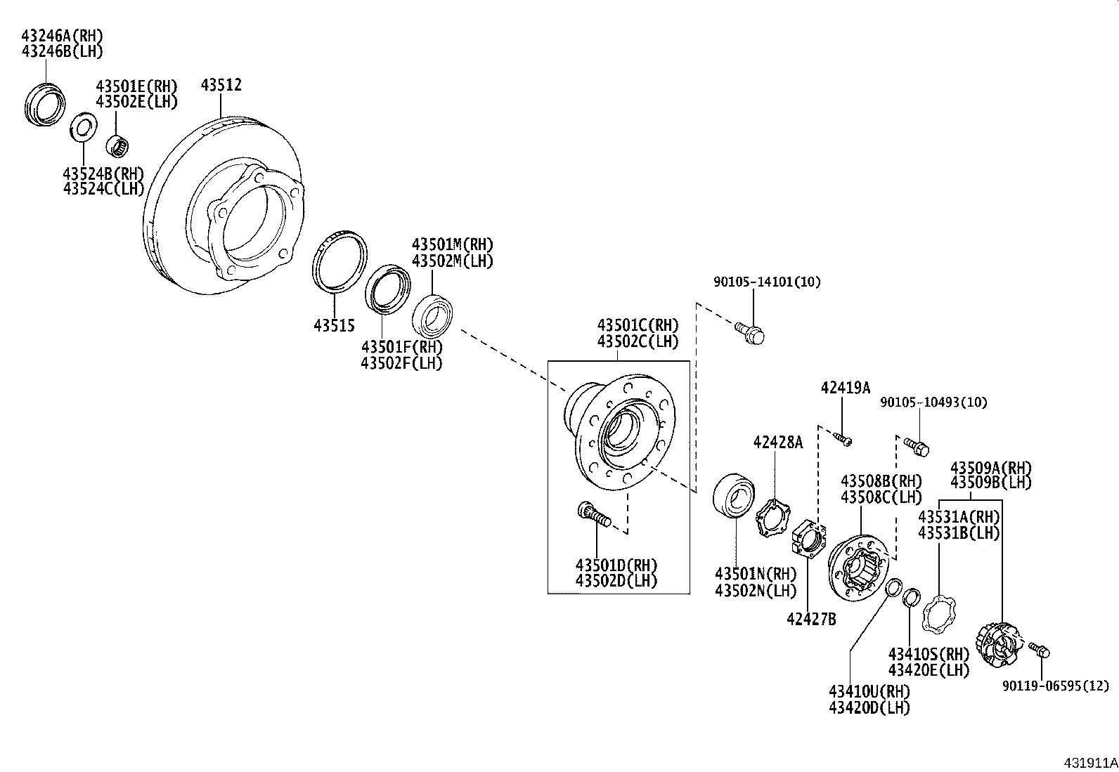 43501-37100 HUB SUB-ASSY, FRONT AXLE, RH product image