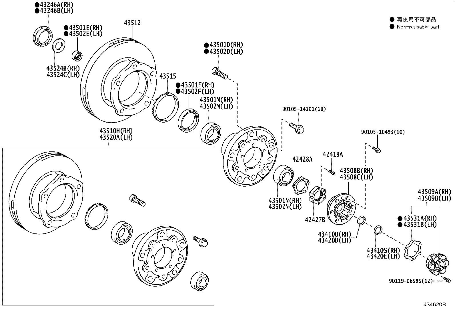 43510-39216 HUB & DISC(DRUM) ASSY, FRONT AXLE, RH product image
