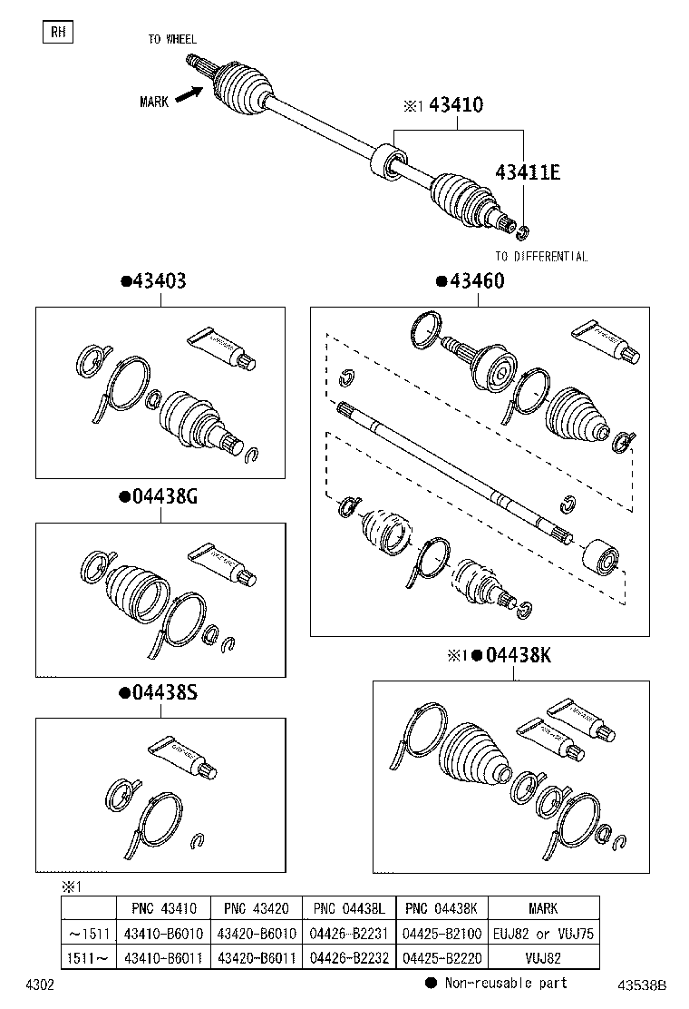 43408-B9350 JOINT SET, FRONT AXLE INBOARD, RH product image