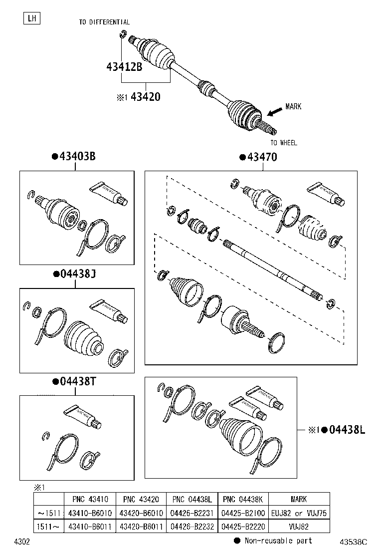 43408-B9350 JOINT SET, FRONT AXLE INBOARD, RH product image