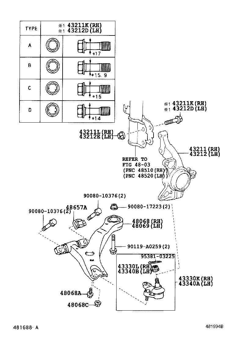 48068-06100 ARM SUB-ASSY, FRONT SUSPENSION, LOWER NO.1 RH product image
