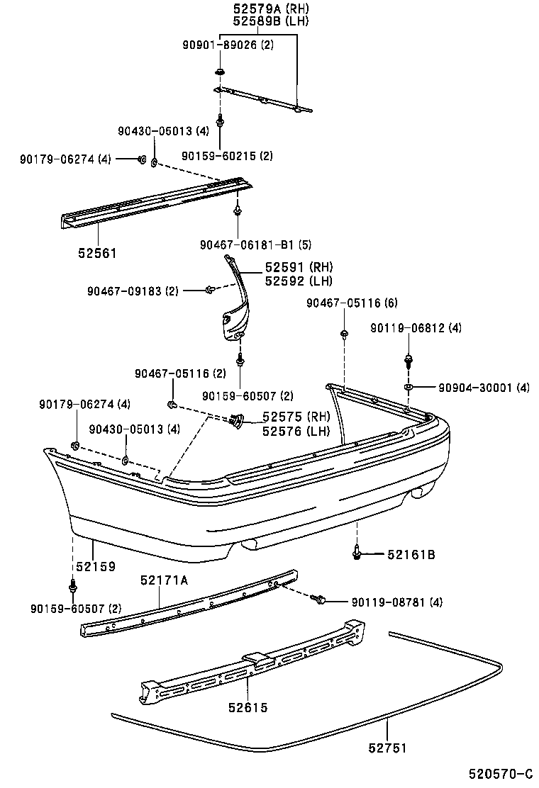 52575-30160 RETAINER, REAR BUMPER SIDE, RH product image
