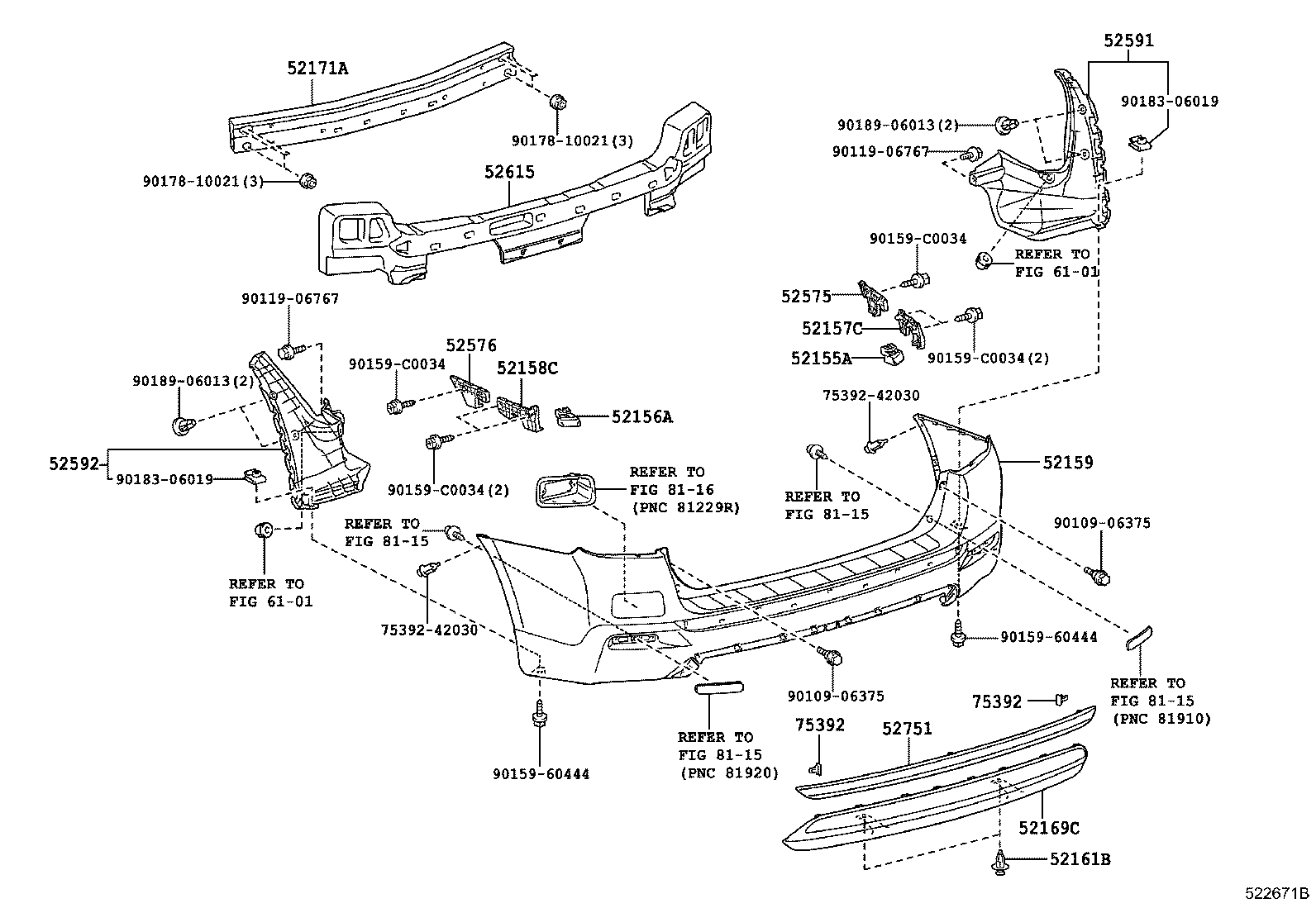 52575-0E031 RETAINER, REAR BUMPER SIDE, RH product image