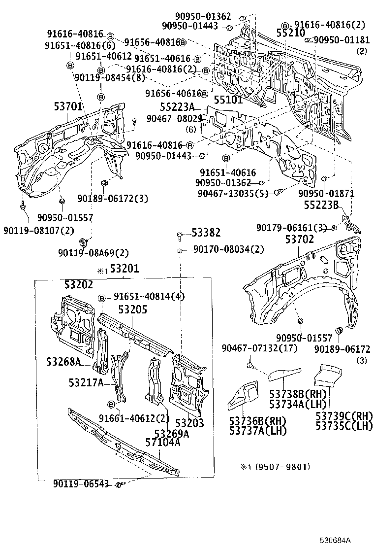 Toyota 53710-60163 APRON SUB-ASSY, FRONT FENDER, RH