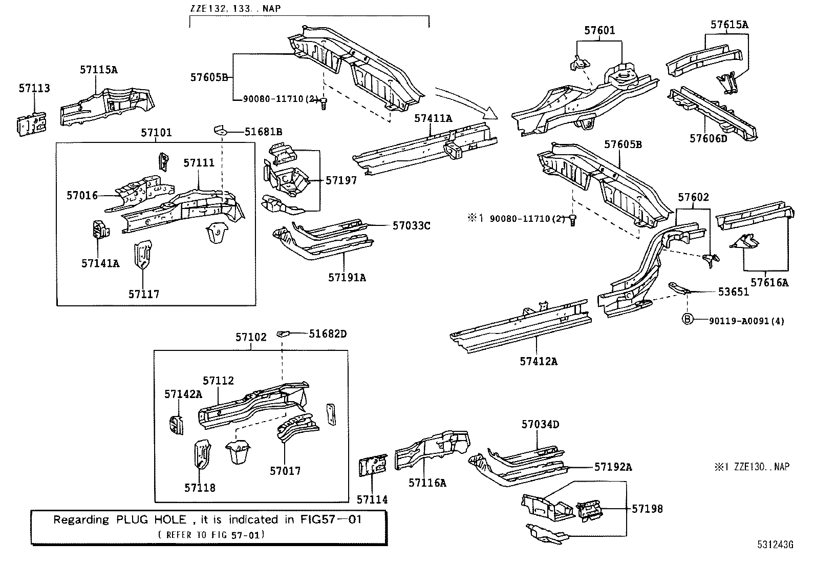 Toyota 57605-12200 MEMBER SUB-ASSY, REAR FLOOR CROSS, NO.1