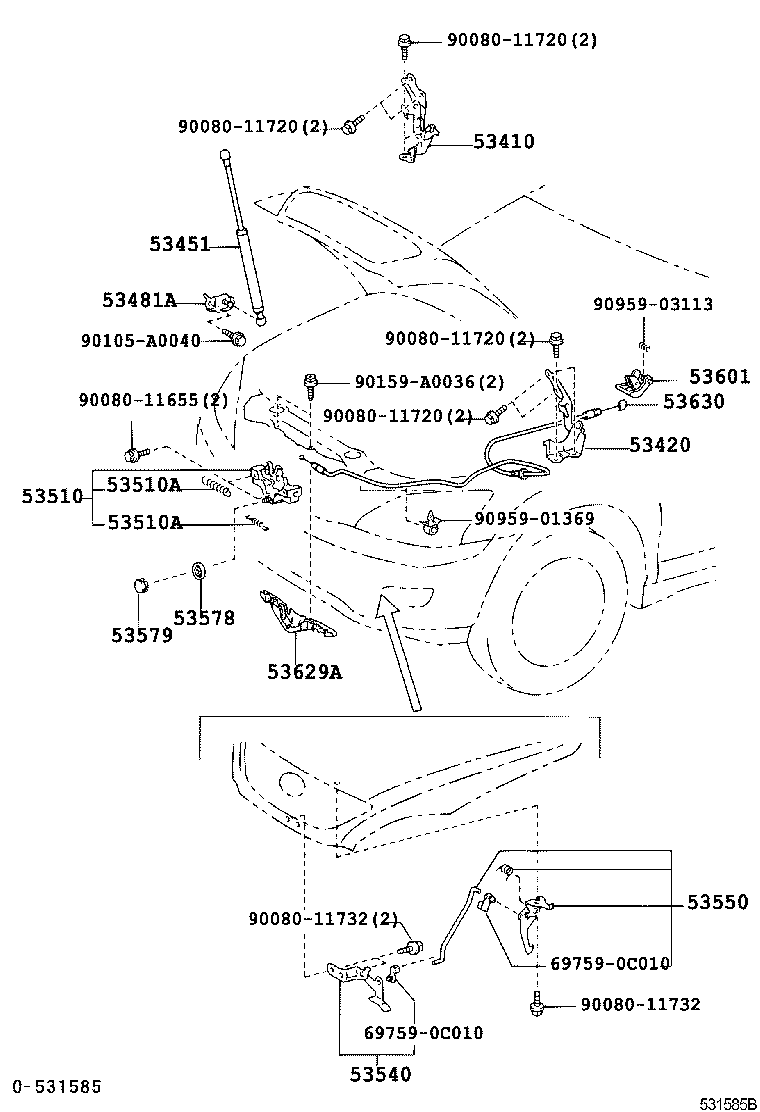 Toyota 53630-0E010 CABLE ASSY, HOOD LOCK CONTROL