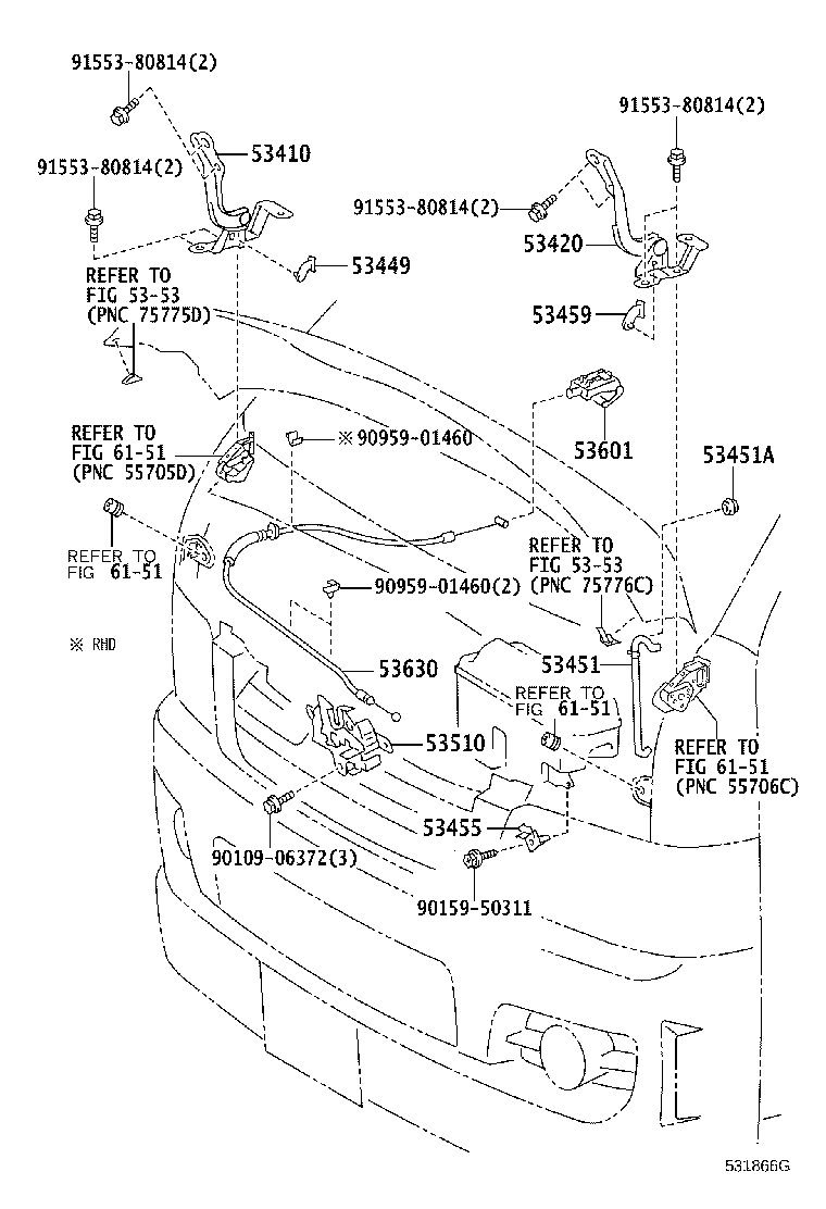 Toyota 53630-26041 CABLE ASSY, HOOD LOCK CONTROL