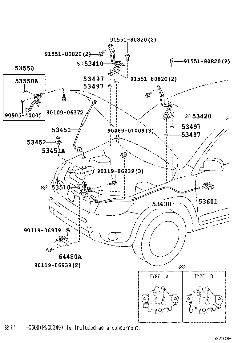 Toyota 53410-42060 HINGE ASSY, HOOD, RH