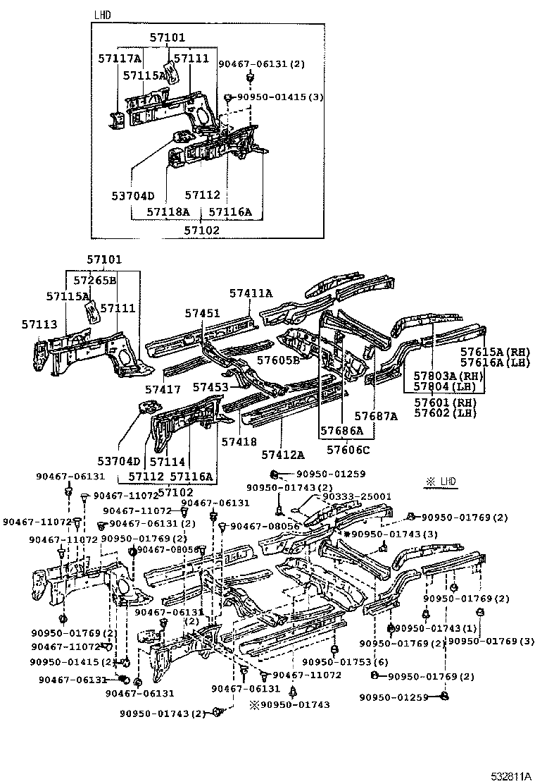57803-16020 REINFORCEMENT SUB-ASSY, REAR FLOOR SIDE MEMBER, REAR RH product image