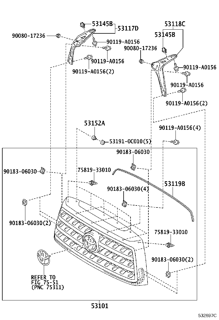 Toyota 53111-0C240-C0 GRILLE, RADIATOR, OUTSIDE