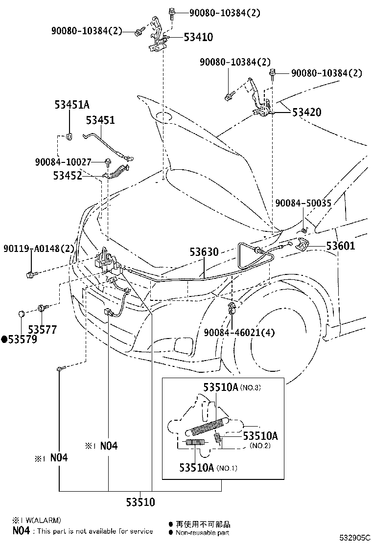 Toyota 53630-0T010 CABLE ASSY, HOOD LOCK CONTROL