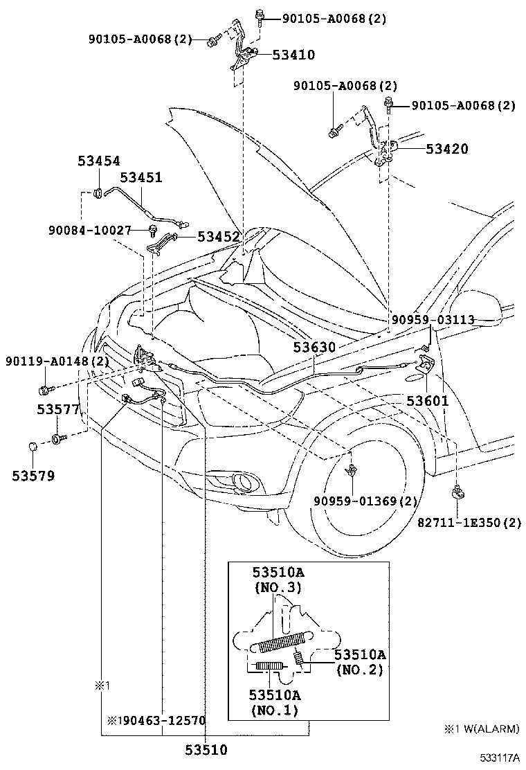 Toyota 53630-0E040 CABLE ASSY, HOOD LOCK CONTROL