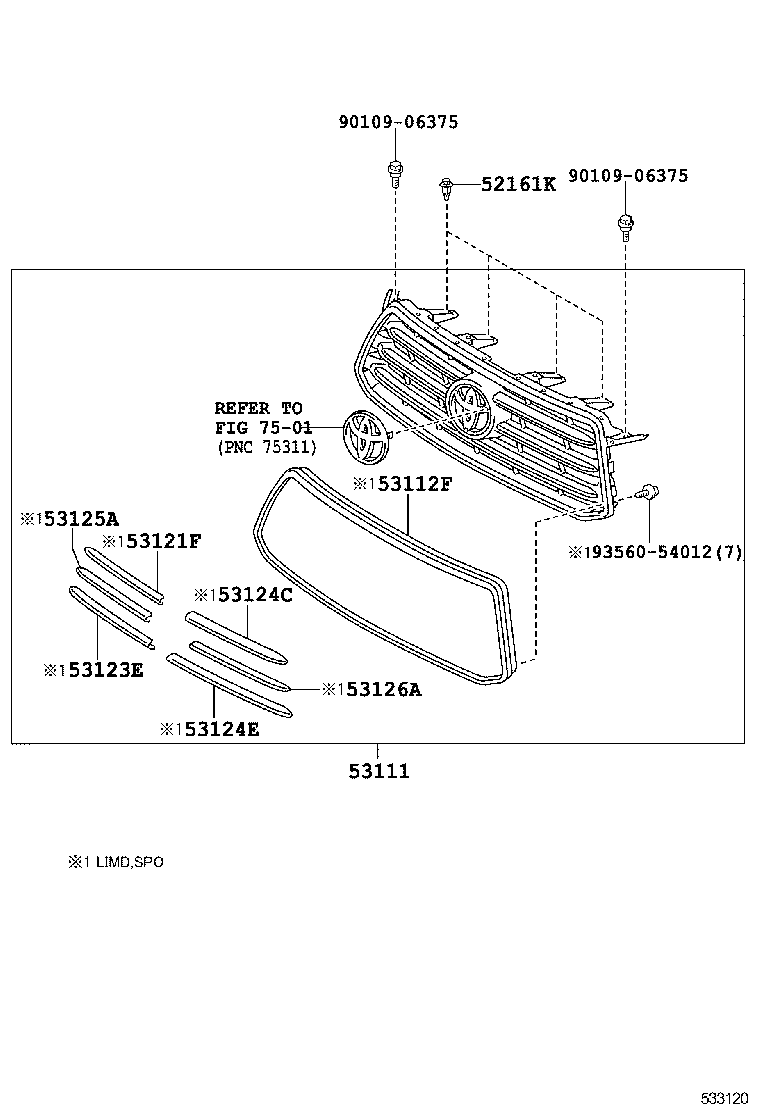 53124-0E040 MOULDING, RADIATOR GRILLE, UPPER LH product image