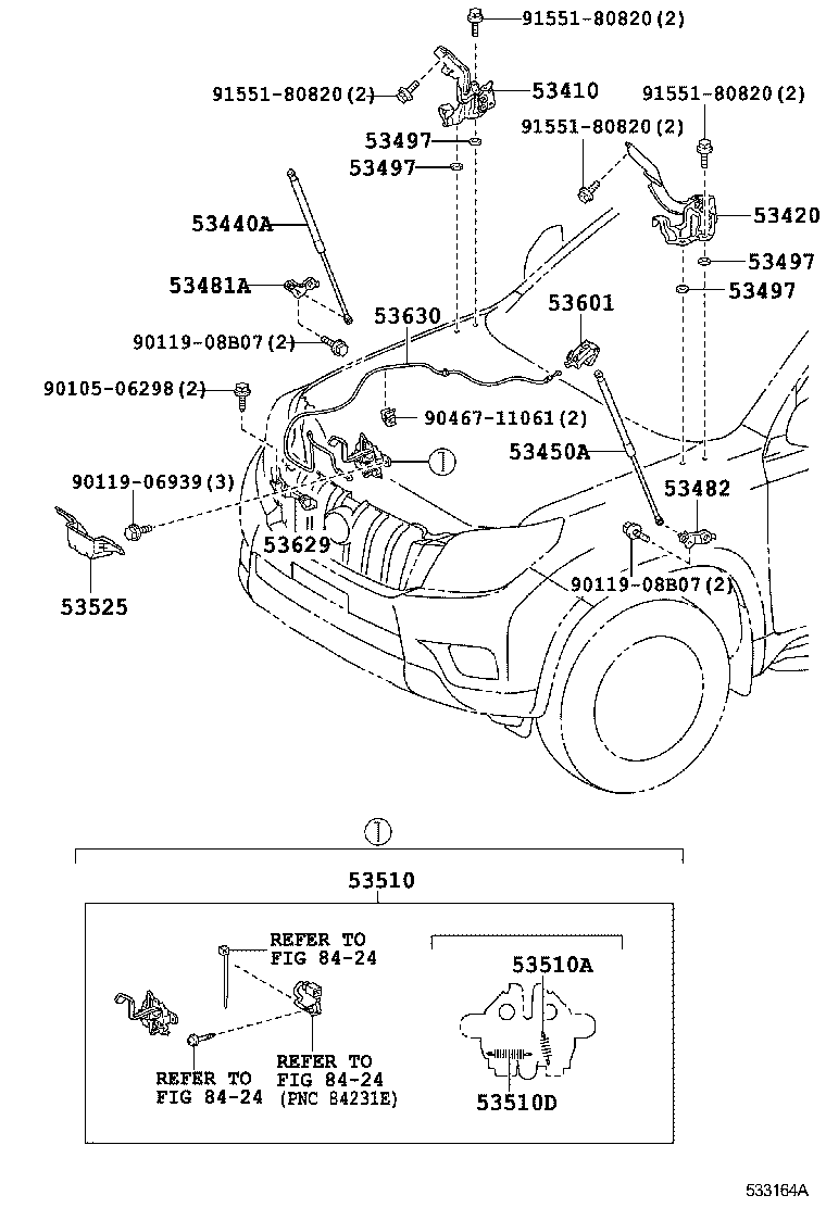 Toyota 53410-60080 HINGE ASSY, HOOD, RH