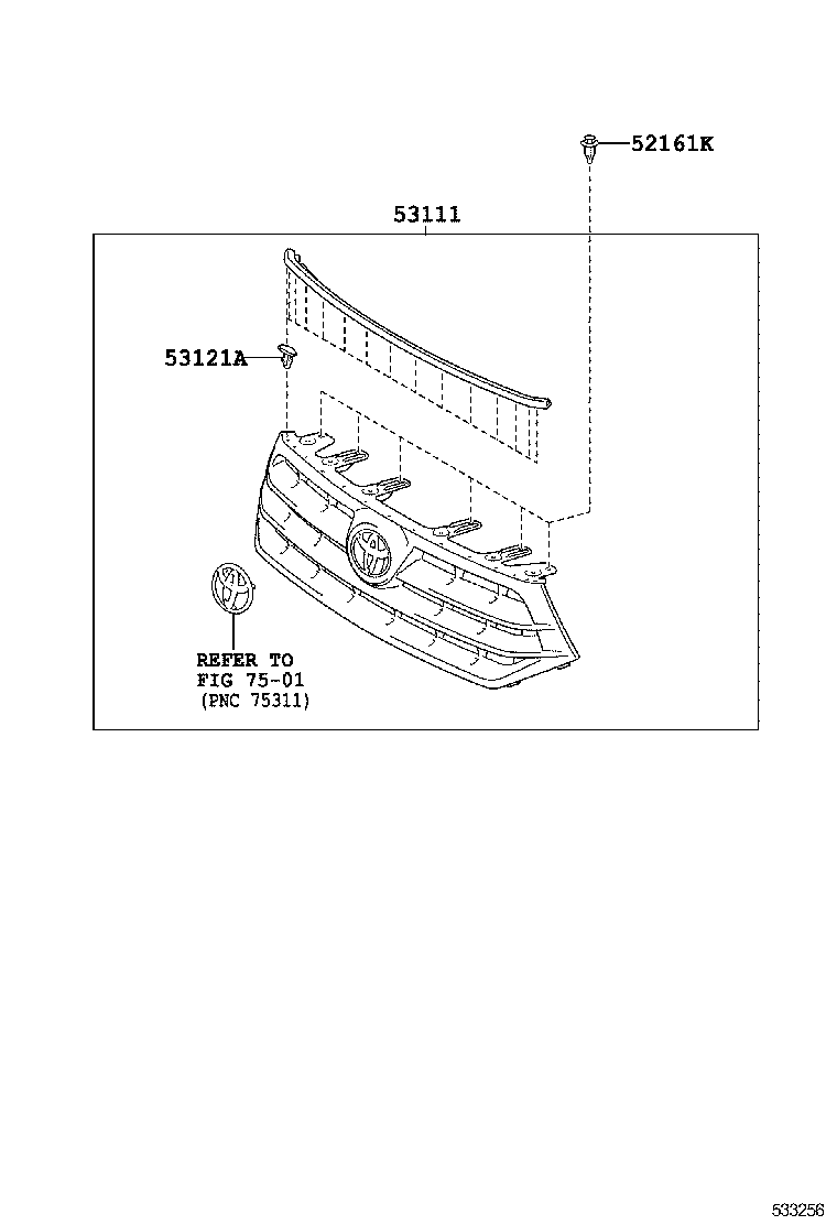 53124-0E040 MOULDING, RADIATOR GRILLE, UPPER LH product image