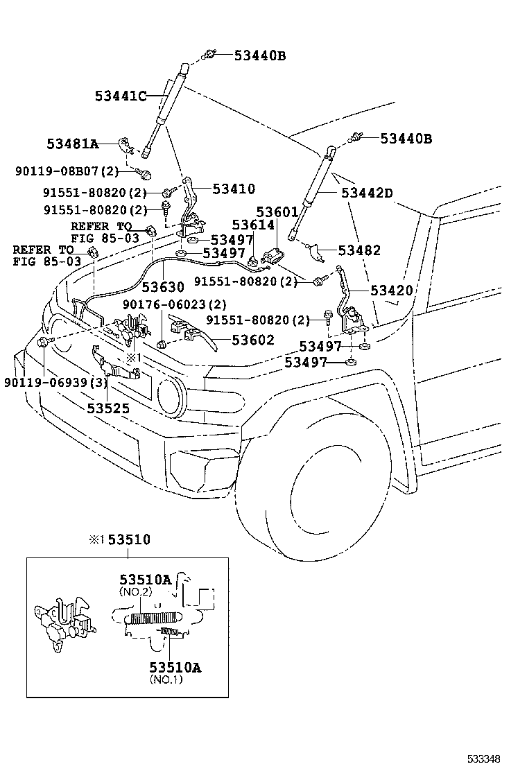 53408-35010 BRACKET, HOOD SUPPORT, RH product image
