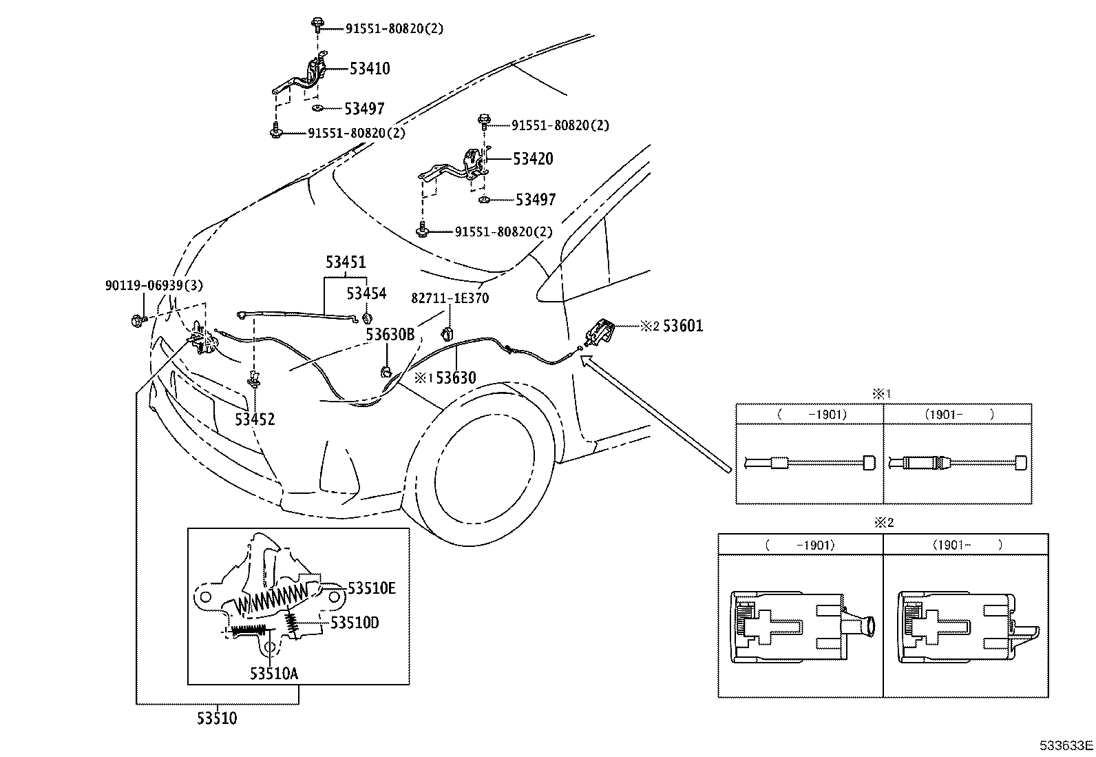Toyota 53630-52162 CABLE ASSY, HOOD LOCK CONTROL