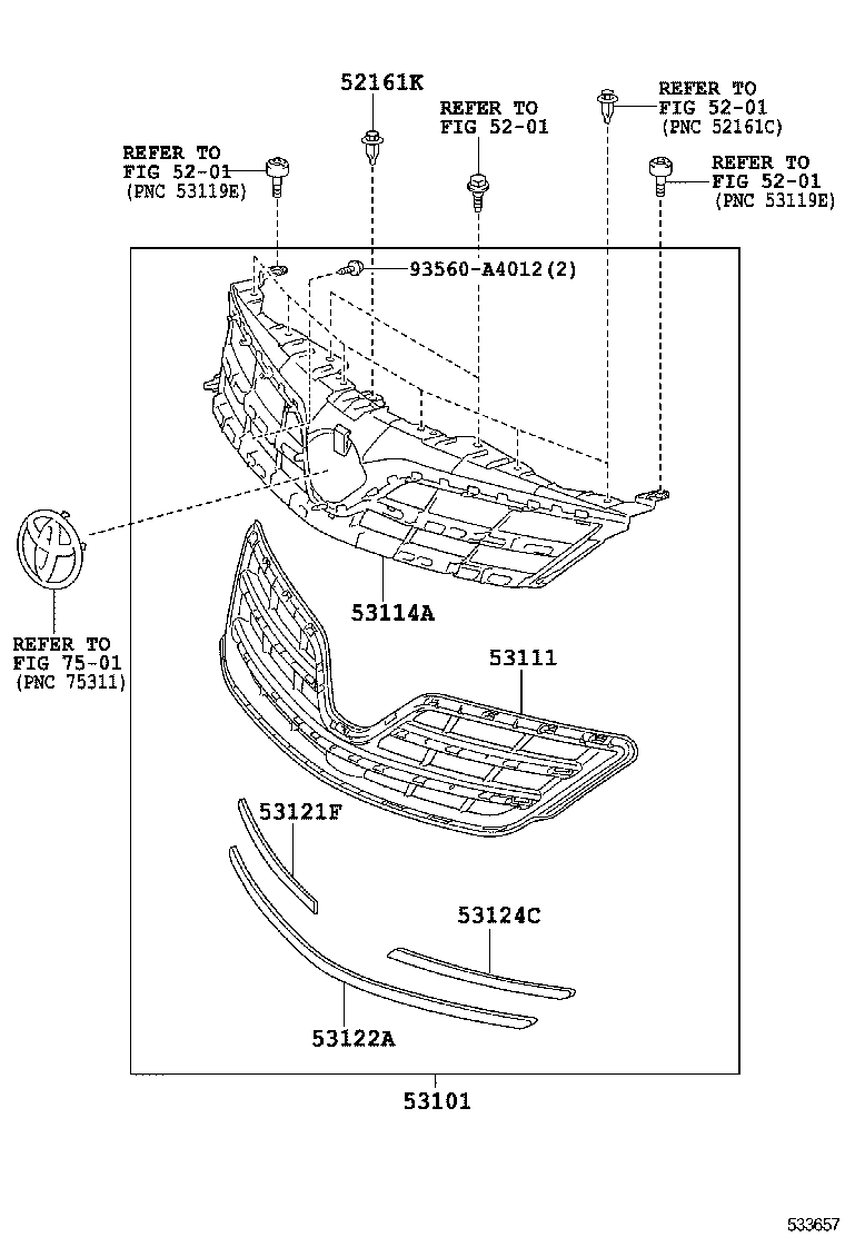 53124-02200 MOULDING, RADIATOR GRILLE, UPPER LH product image