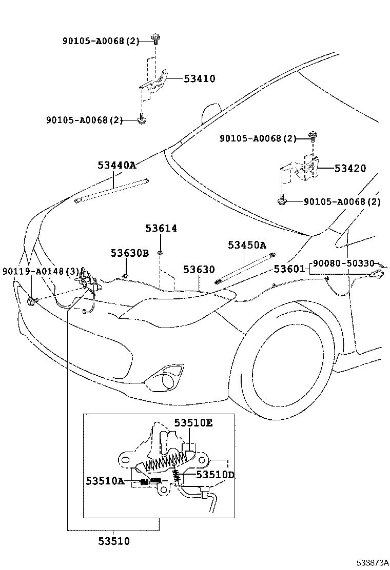 Toyota 53410-07010 HINGE ASSY, HOOD, RH