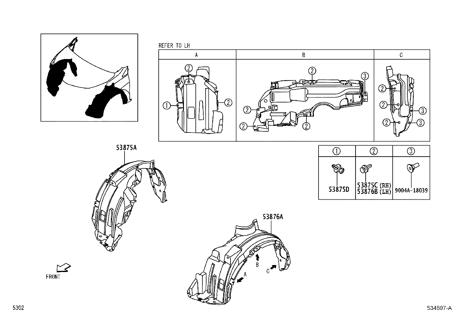 53446-BZ070 SEAL, FRONT FENDER TO COWL SIDE, NO.2 LH product image