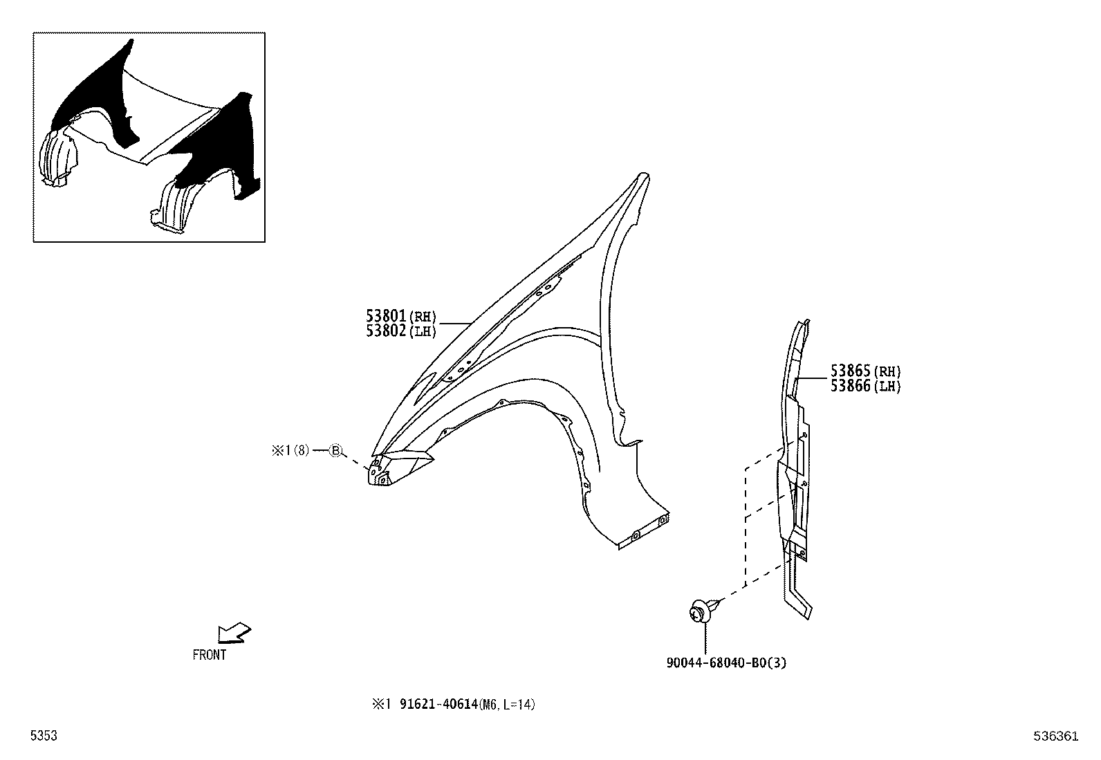 53812-BZ030 FENDER SUB-ASSY, FRONT LH product image