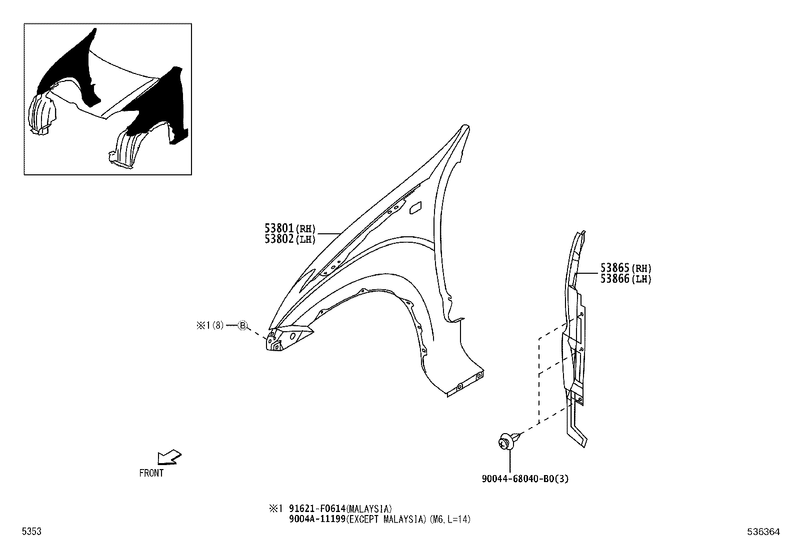 53812-BZ030 FENDER SUB-ASSY, FRONT LH product image