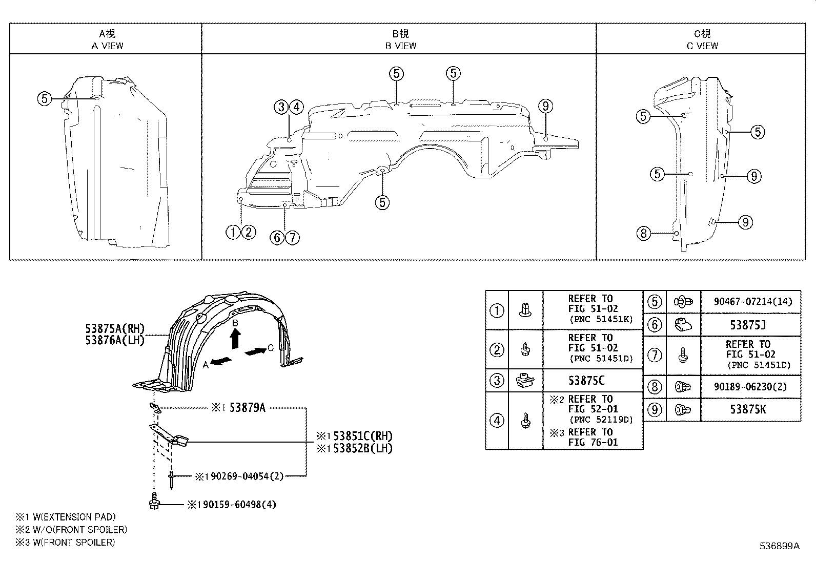 Toyota 53851-52130 PAD, FRONT WHEEL OPENING EXTENSION, NO.1