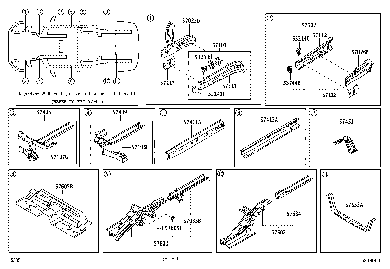 57033-BZ100 BRACKET SUB-ASSY, REAR FLOOR MOUNTING, NO.2 RH product image