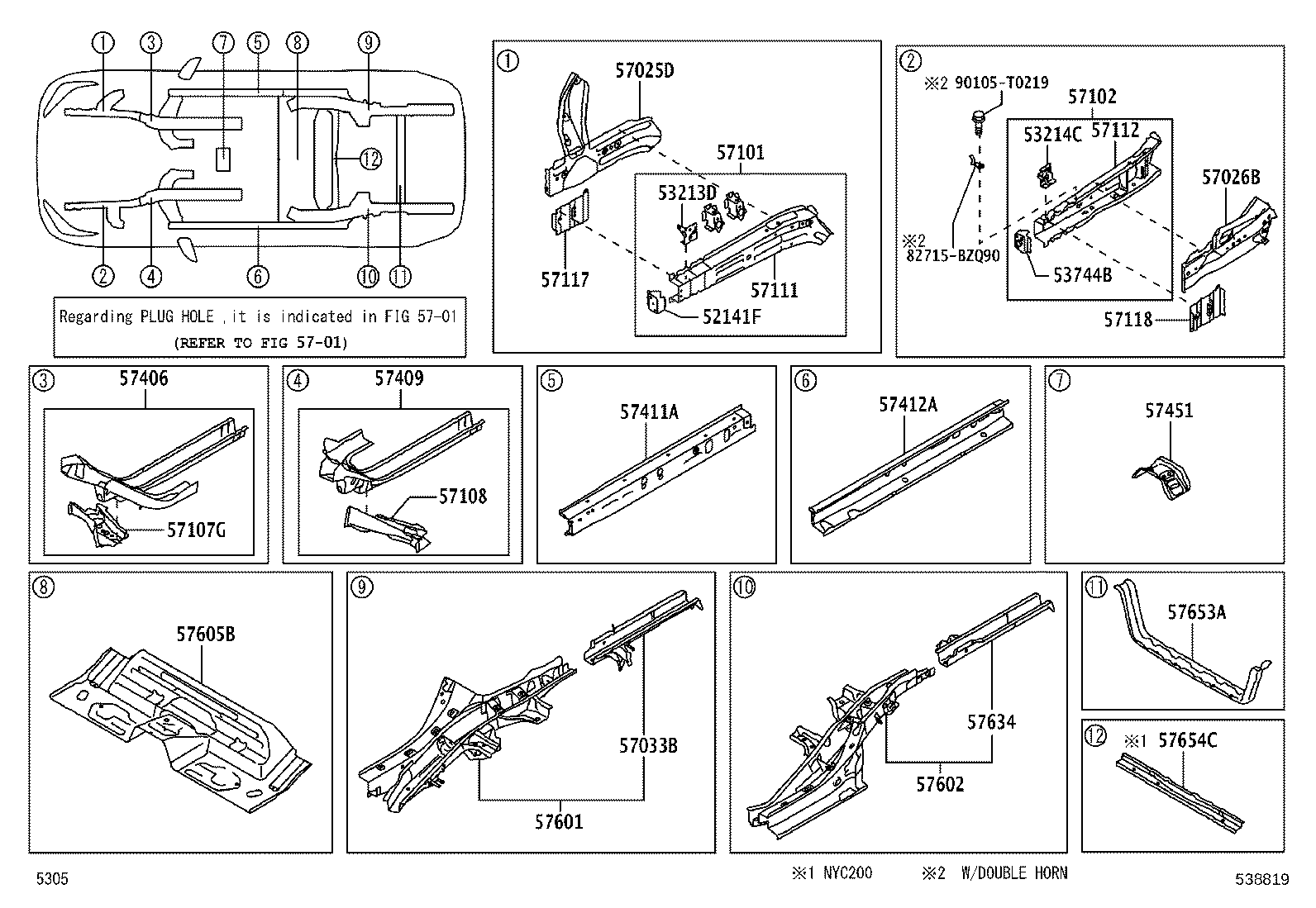 57033-BZ110 BRACKET SUB-ASSY, REAR FLOOR MOUNTING, NO.2 RH product image