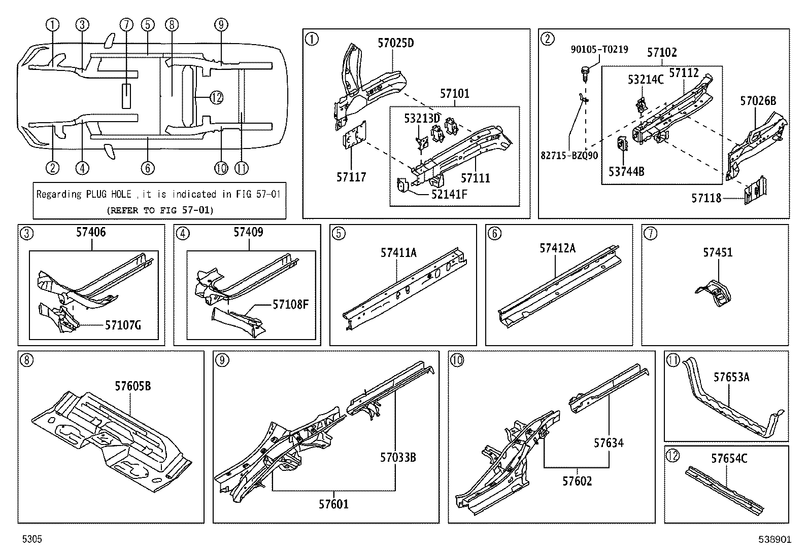 57033-BZ100 BRACKET SUB-ASSY, REAR FLOOR MOUNTING, NO.2 RH product image