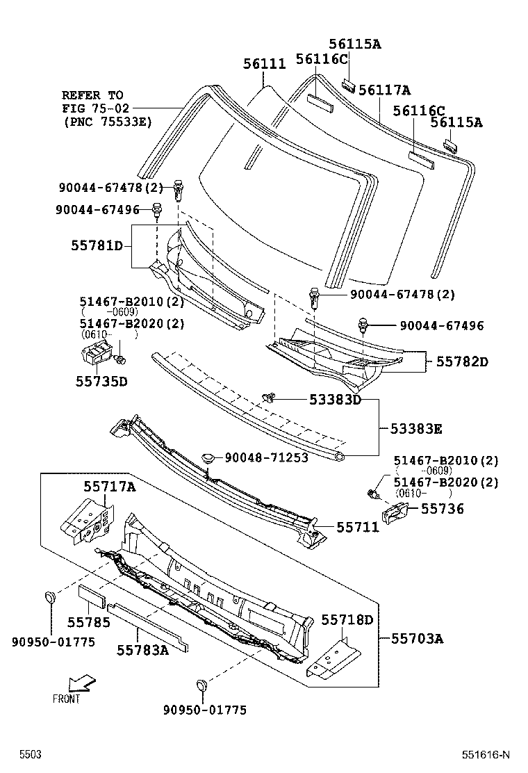 53383-B1020 WEATHERSTRIP, HOOD TO COWL TOP product image