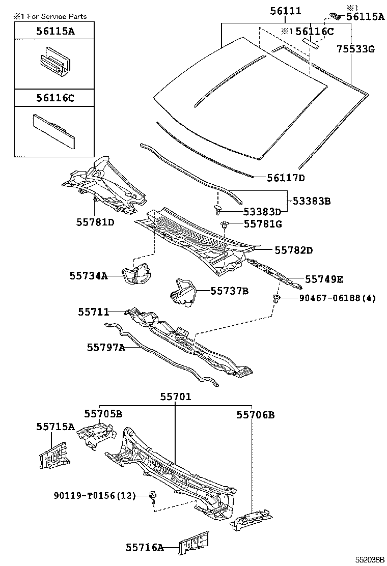 55716-02040 BRACE, COWL TOP TO APRON, LH product image