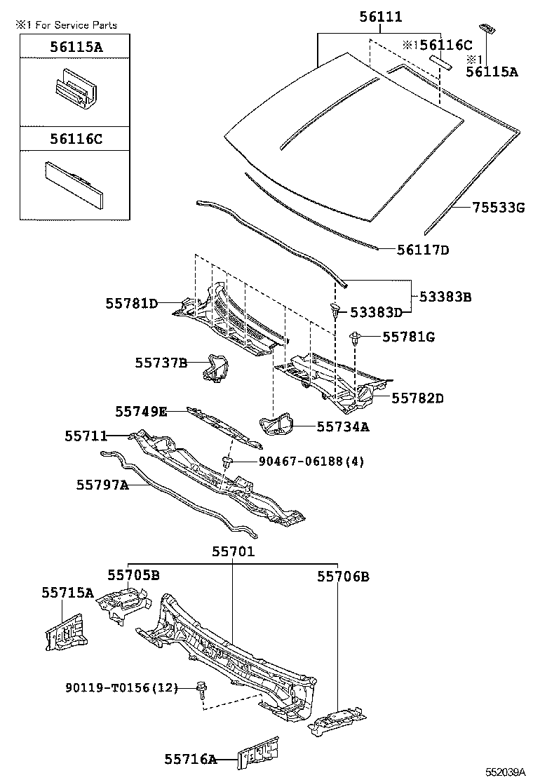 55716-02040 BRACE, COWL TOP TO APRON, LH product image
