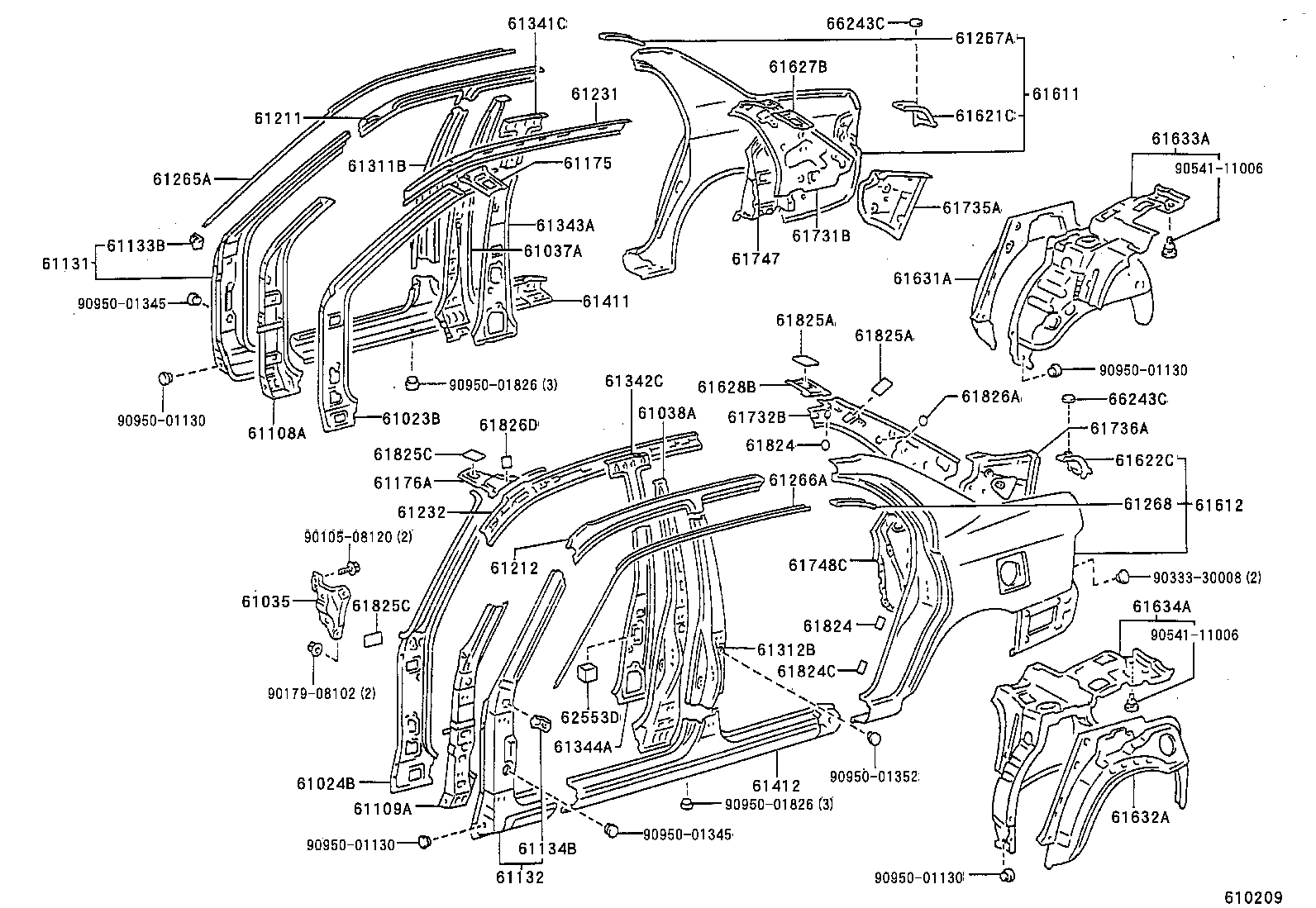 61311-12190 PILLAR, CENTER BODY, OUTER RH product image