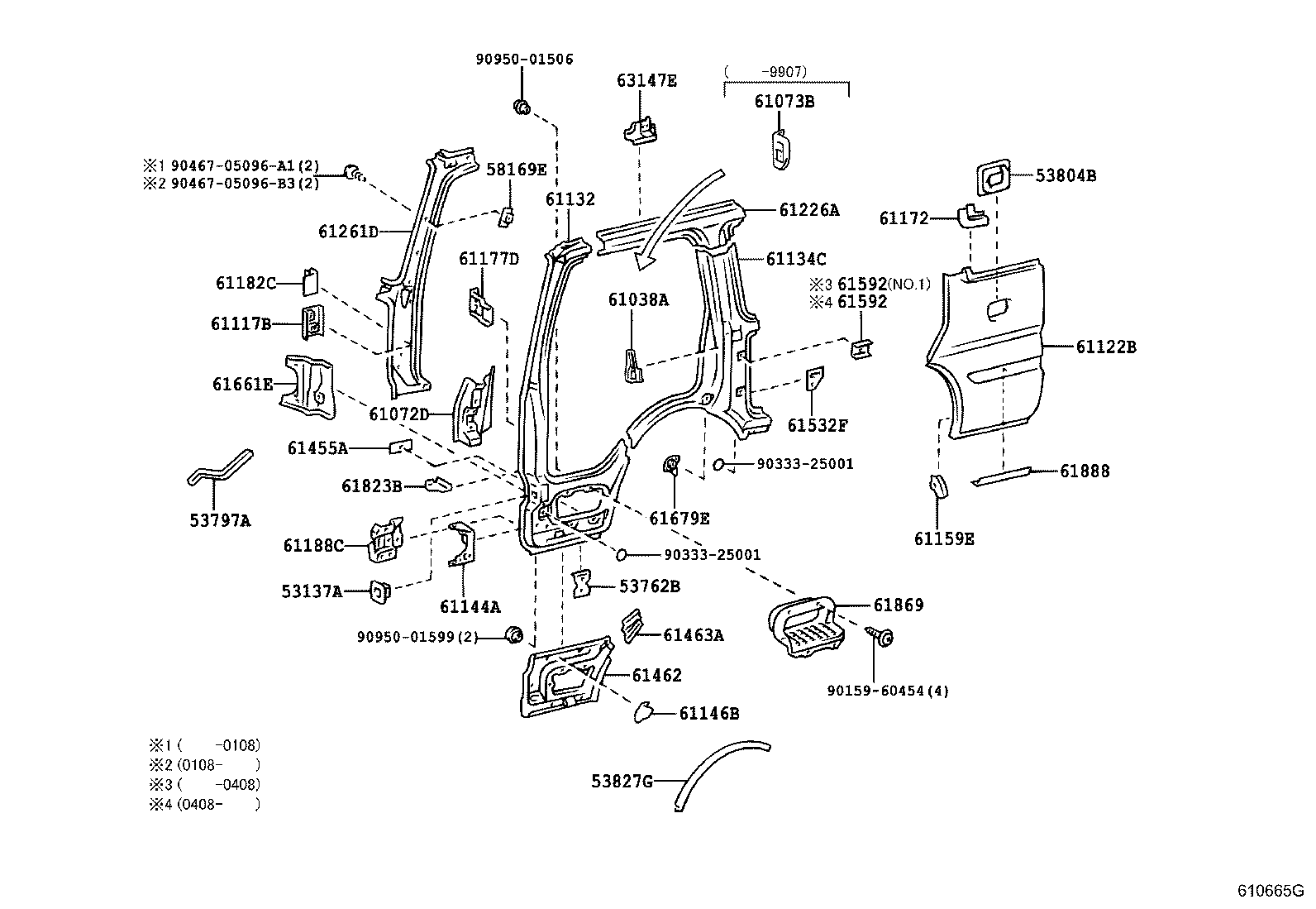 61013-36070 PILLAR SUB-ASSY, NO.3 RH product image