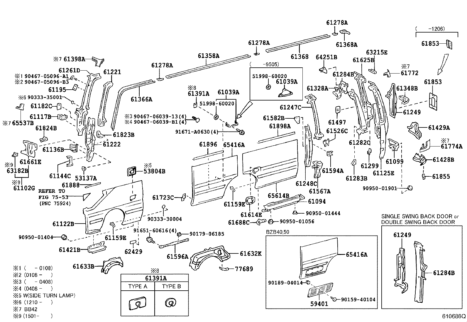 61013-36040 PILLAR SUB-ASSY, NO.3 RH product image