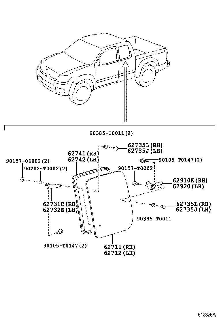 62732-0K040 HINGE, QUARTER WINDOW, LH product image