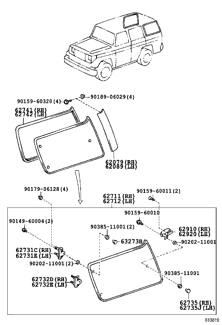 62720-60080 GLASS, QUARTER WINDOW, LH product image
