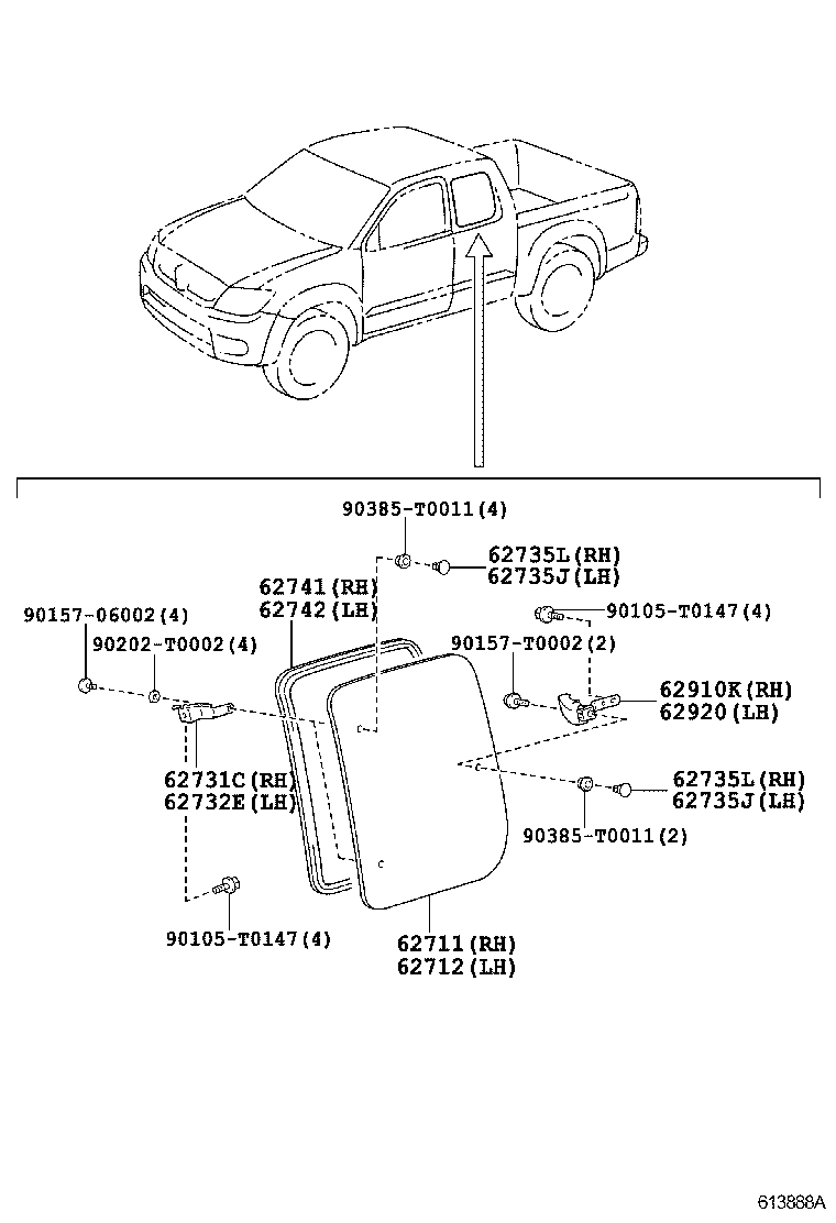 62712-0K160 GLASS, QUARTER WINDOW, LH product image