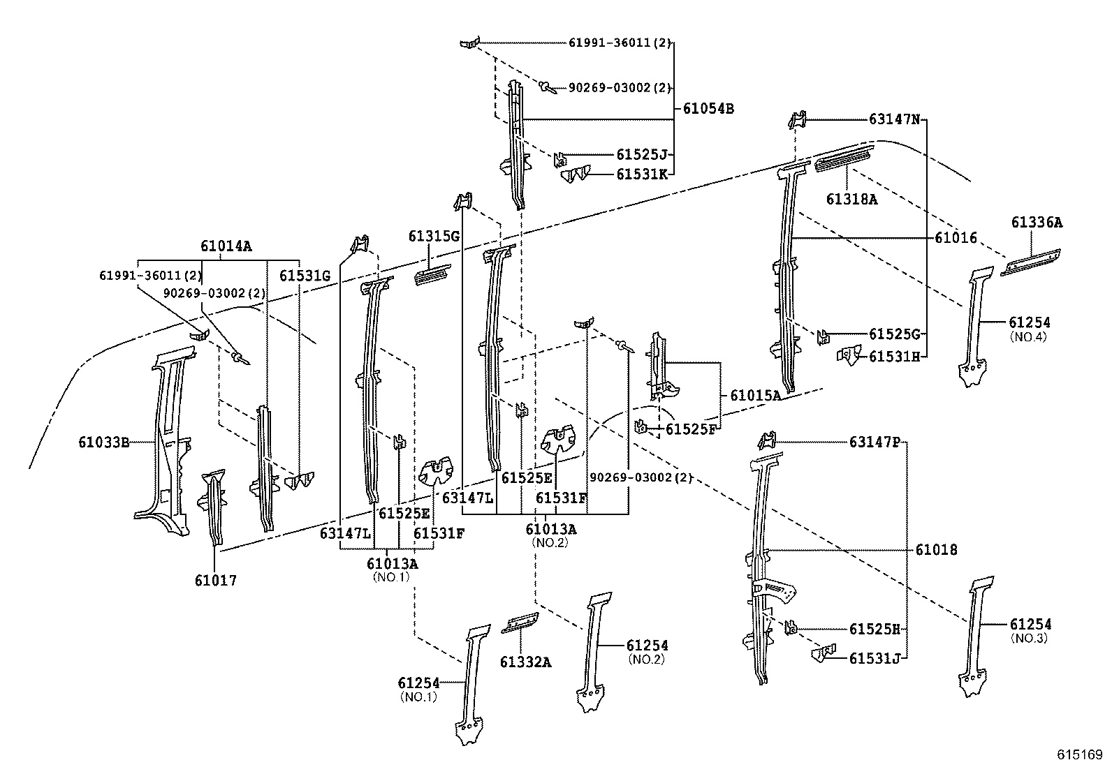 61013-36040 PILLAR SUB-ASSY, NO.3 RH product image