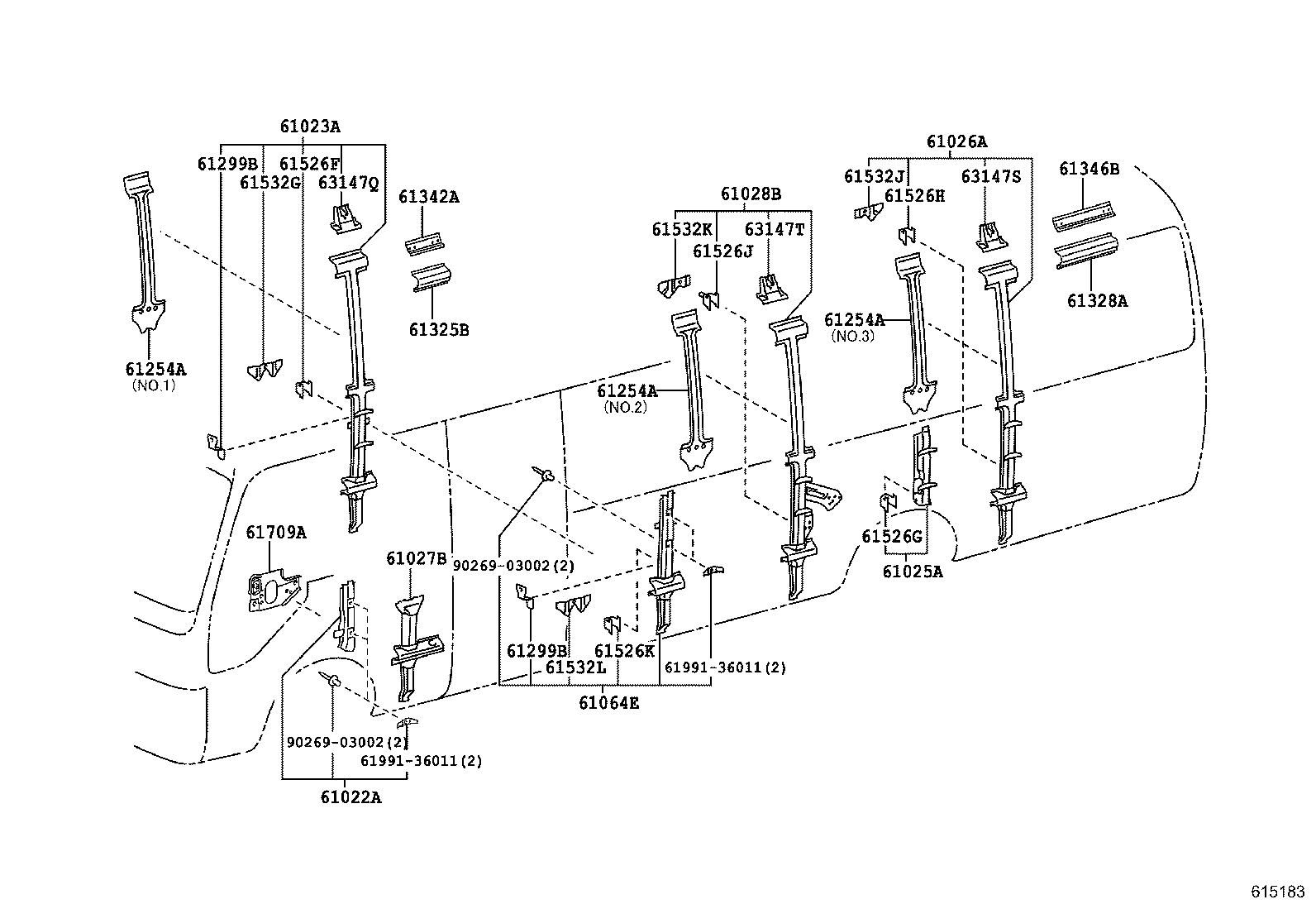 61013-36040 PILLAR SUB-ASSY, NO.3 RH product image