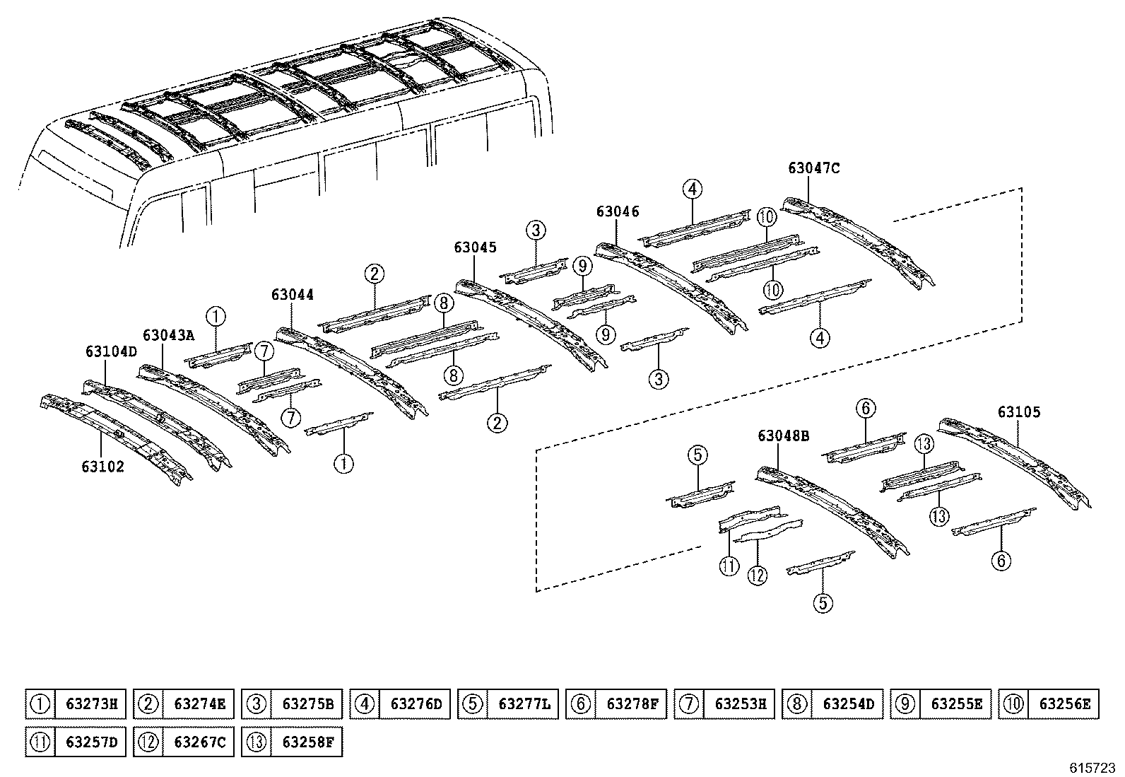 63103-36040 REINFORCEMENT SUB-ASSY, ROOF PANEL, REAR product image