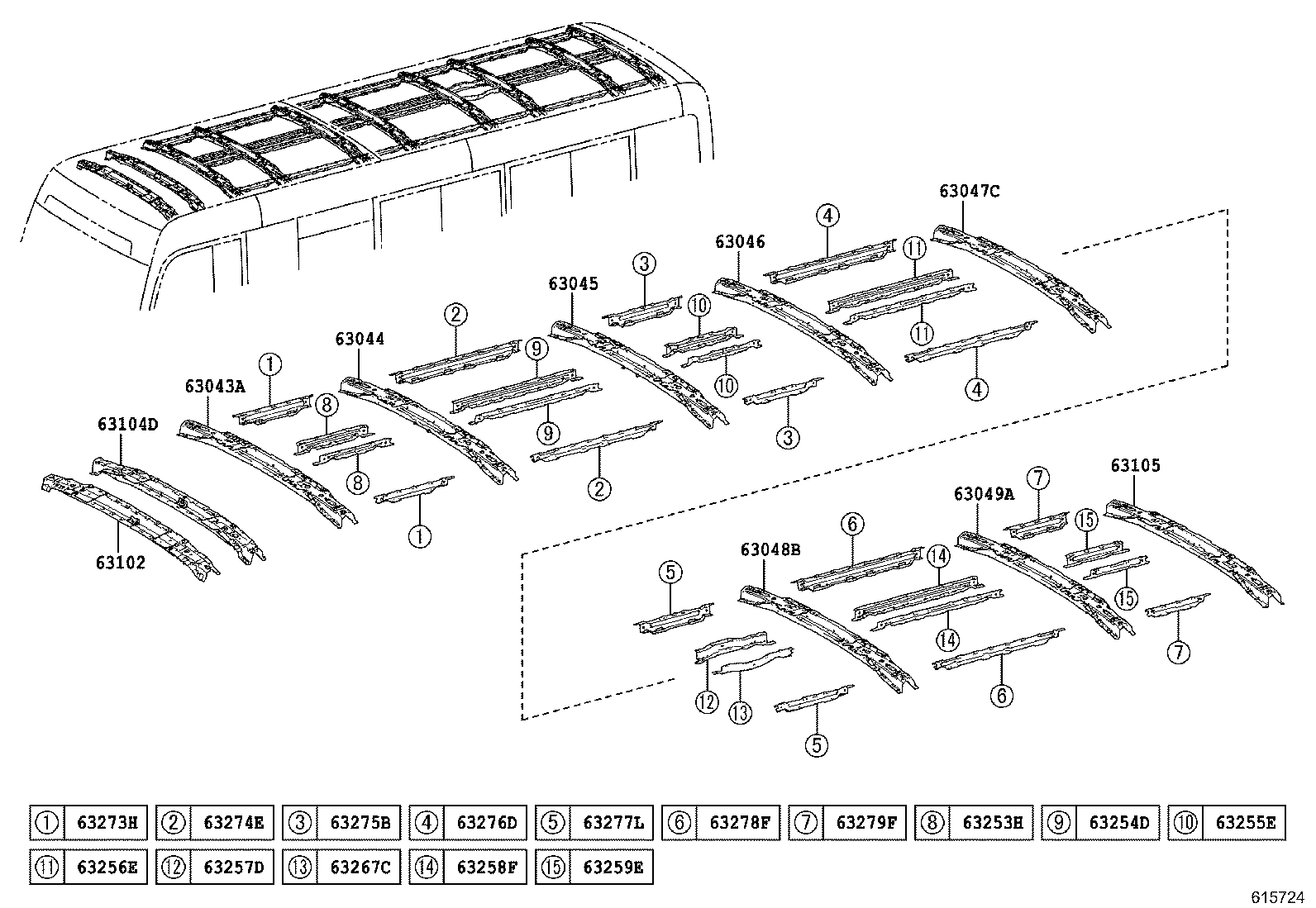 63103-36040 REINFORCEMENT SUB-ASSY, ROOF PANEL, REAR product image