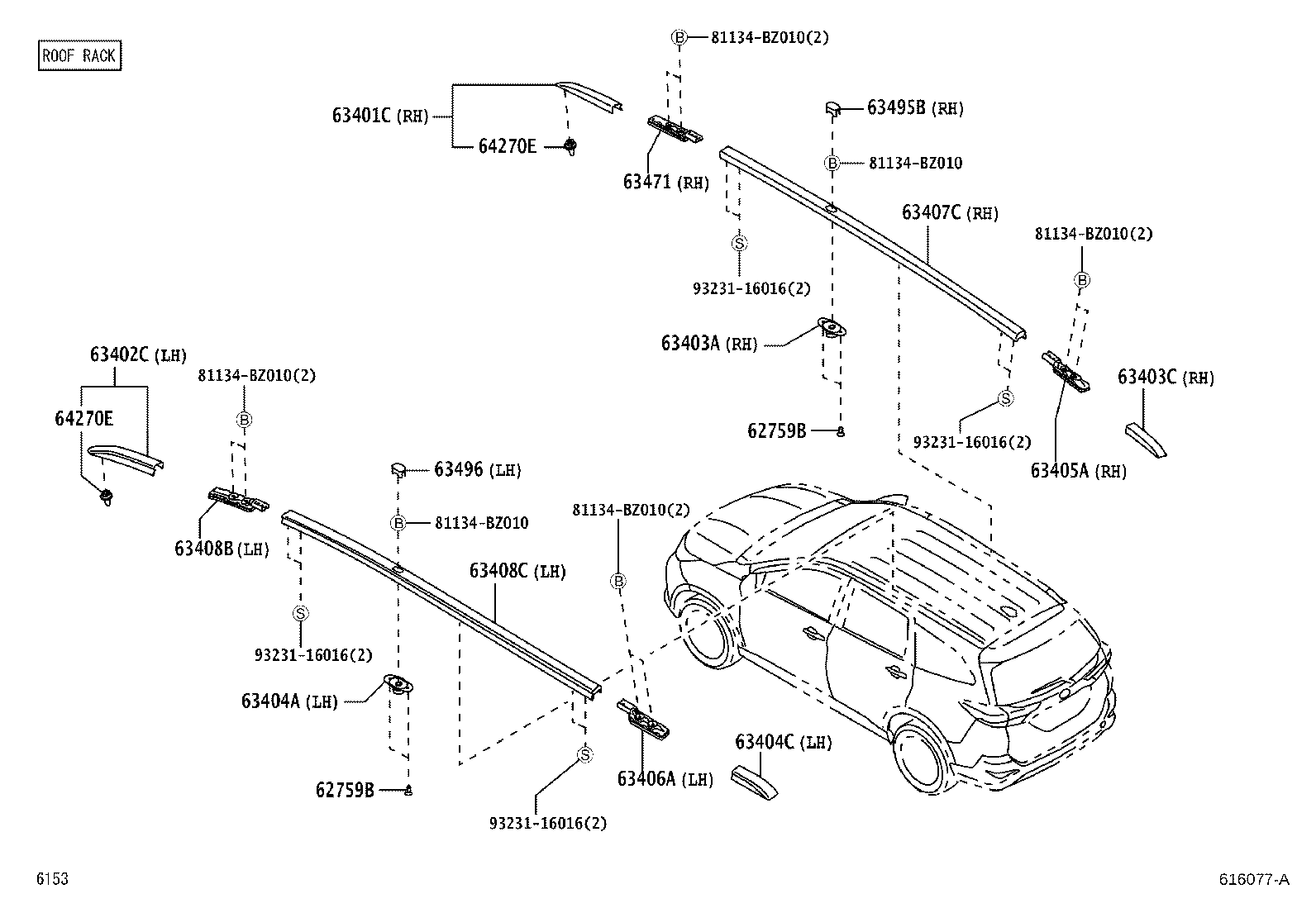 63403-BZ040 SUPPORT SUB-ASSY, ROOF RACK, CENTER RH product image