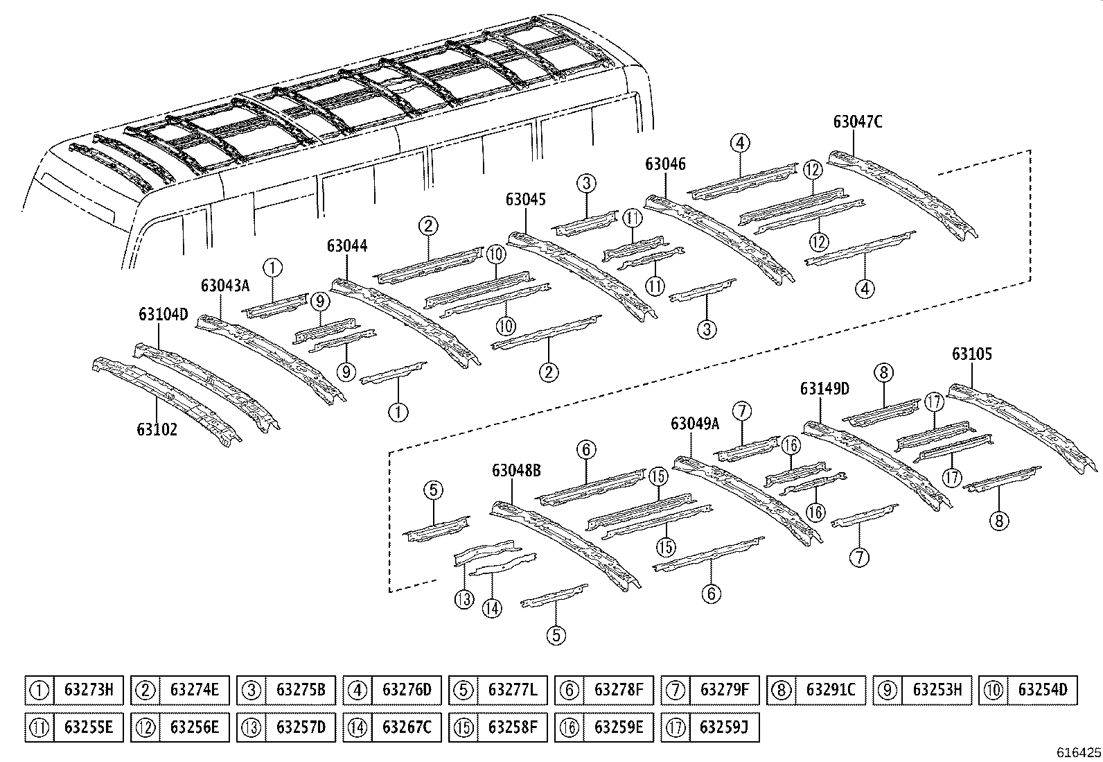 63103-36040 REINFORCEMENT SUB-ASSY, ROOF PANEL, REAR product image