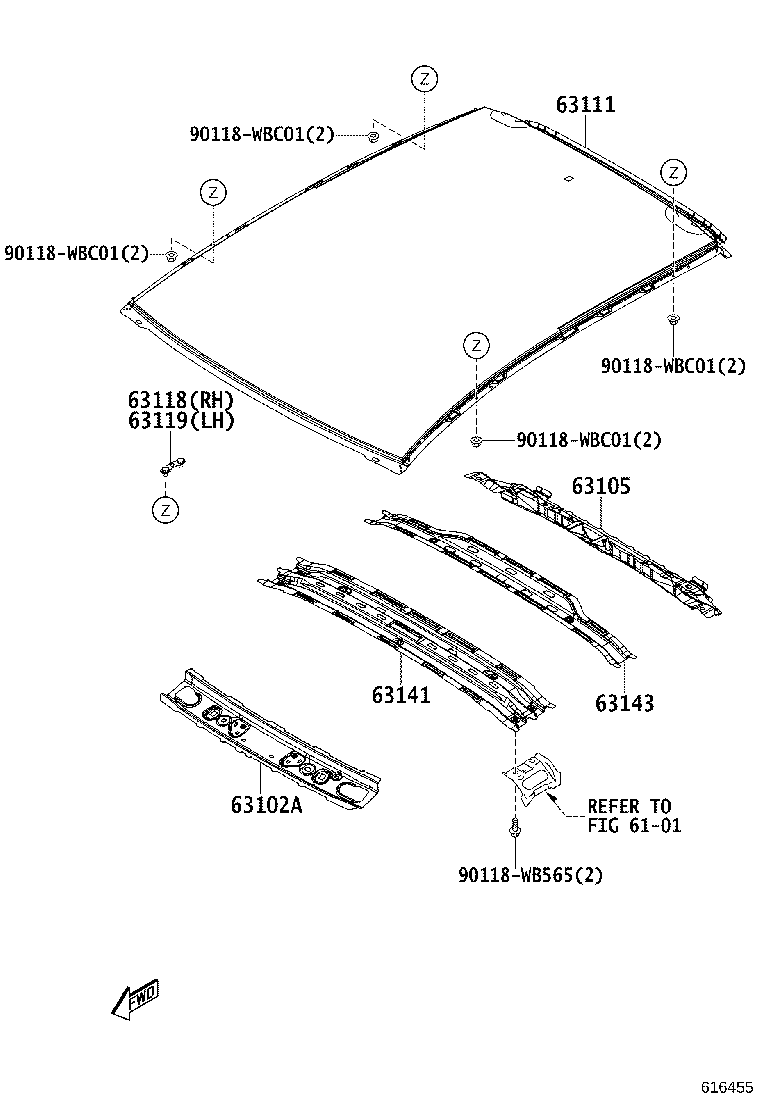 63133-WB002 REINFORCEMENT SUB-ASSY, ROOF PANEL, REAR product image